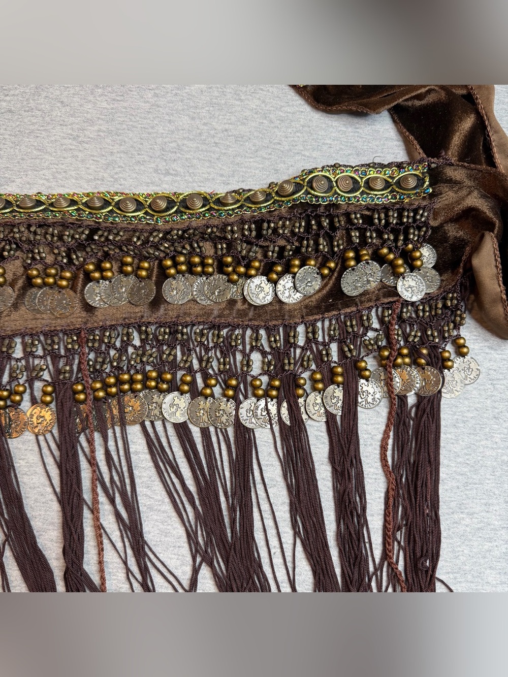 Brown Belly Dance Hip Scarf with Fringe and Coins - Picture 2 of 9